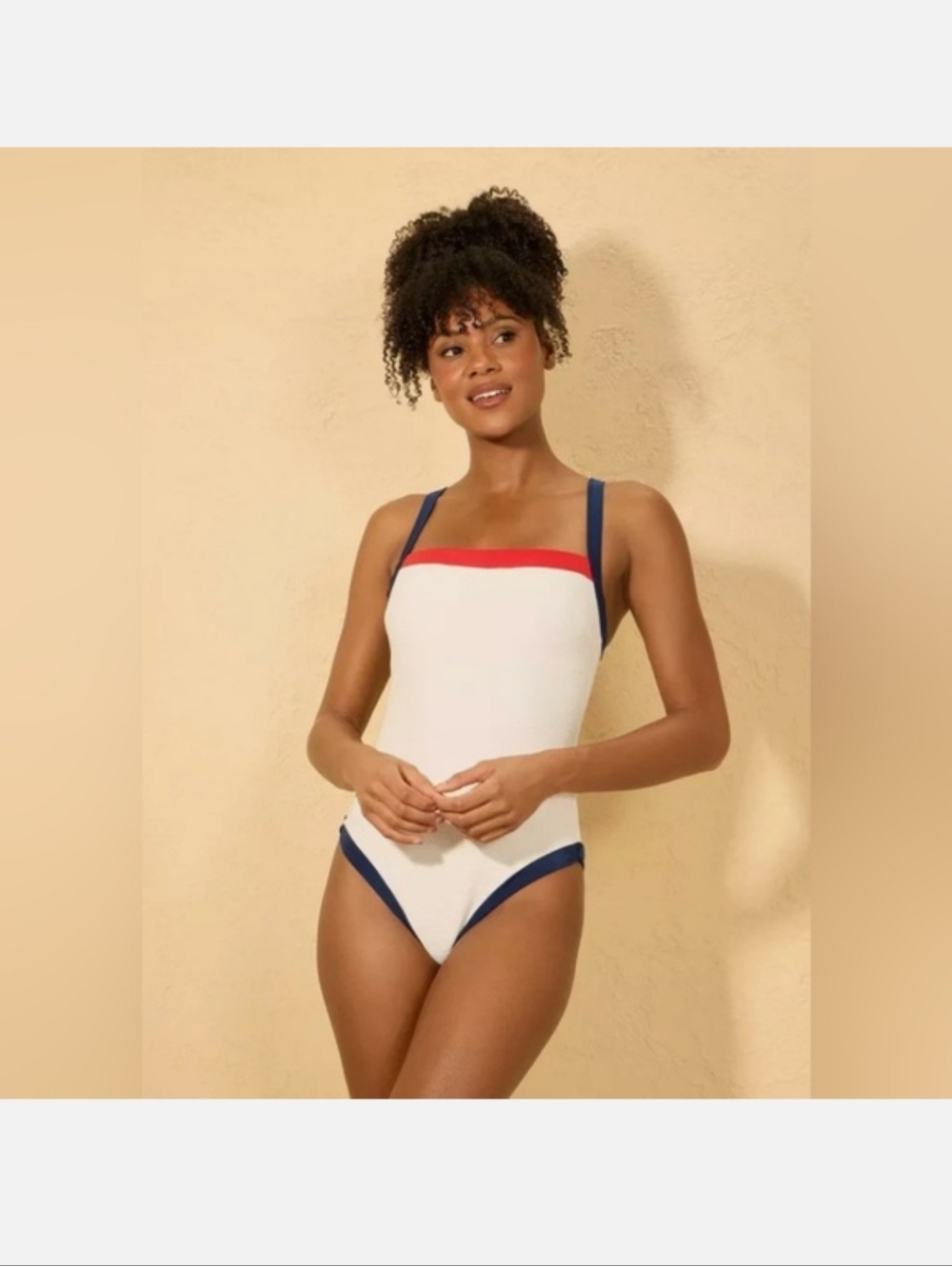 Shade & Shore NWT Ribbed White Red Square Neck High Leg Cheeky OnePiece Swimsuit